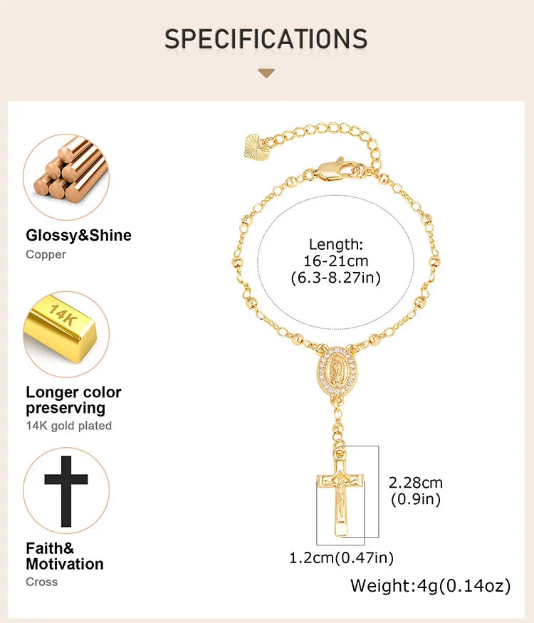 Catholic Cubic Zirconia Rosary Cross Beaded Link Bracelets, Oval Jesus Coss Jewelry, Religion Gold Plated Bracelet