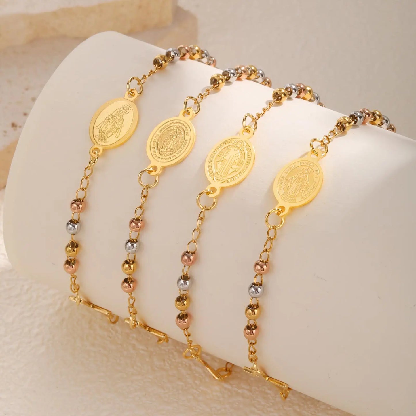 Vnox Stainless Steel Beaded Virgin Mary Bracelet,Charm Rosary Cross Chain Bracelet For Women,Religion Christ Three Color Jewelry