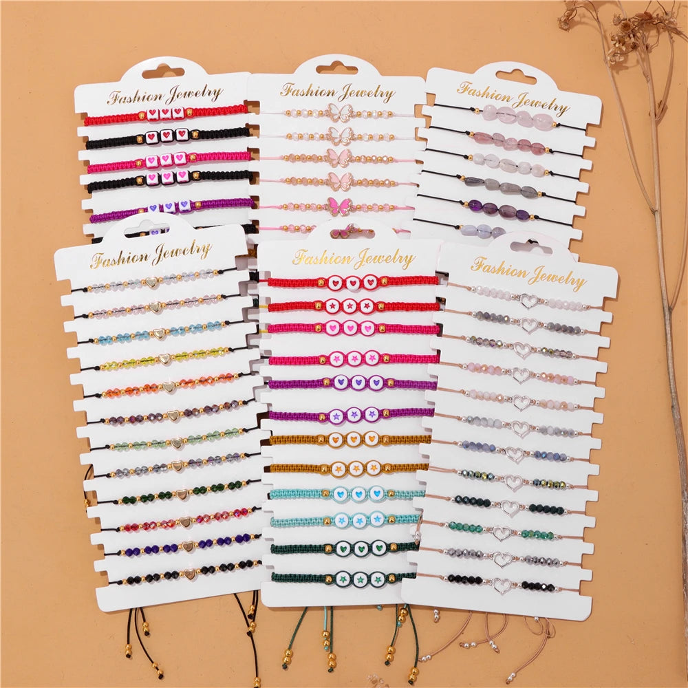 Wholesale 12Pcs/Set Colorful Natural Stone Bracelets Adjustable Rope Braided Bracelet Handmade Bohemia Bracelets with Cards