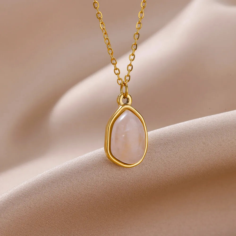 Oval Opal Pendant Necklace For Women Stainless Steel Gold Color Chain Collar Cute Lucky Jewelry Birthday Gift New Free Shipping