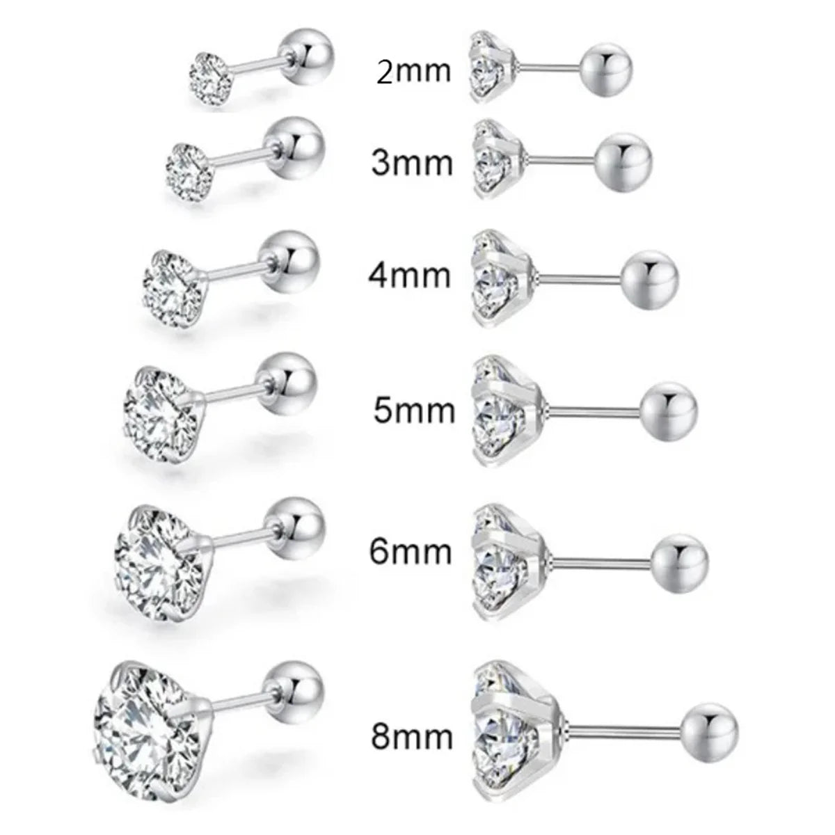 2/6/12pcs 20G Inlaid Cubic Zirconia Stud Earrings,Stainless Steel Screw Back Barbell Studs Daith Tragus Cartilage Earrings