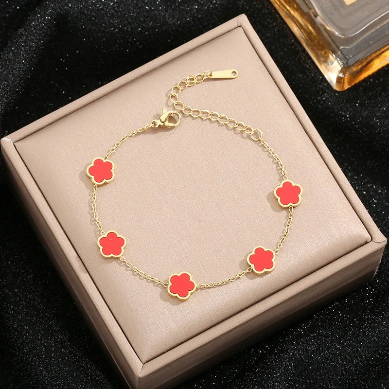 1Pc 18K Gold Plated Five-Leave Flower Design Stainless Steel Bracelet for Women Girl, Elegant Floral Style Hand Decor Bracelet