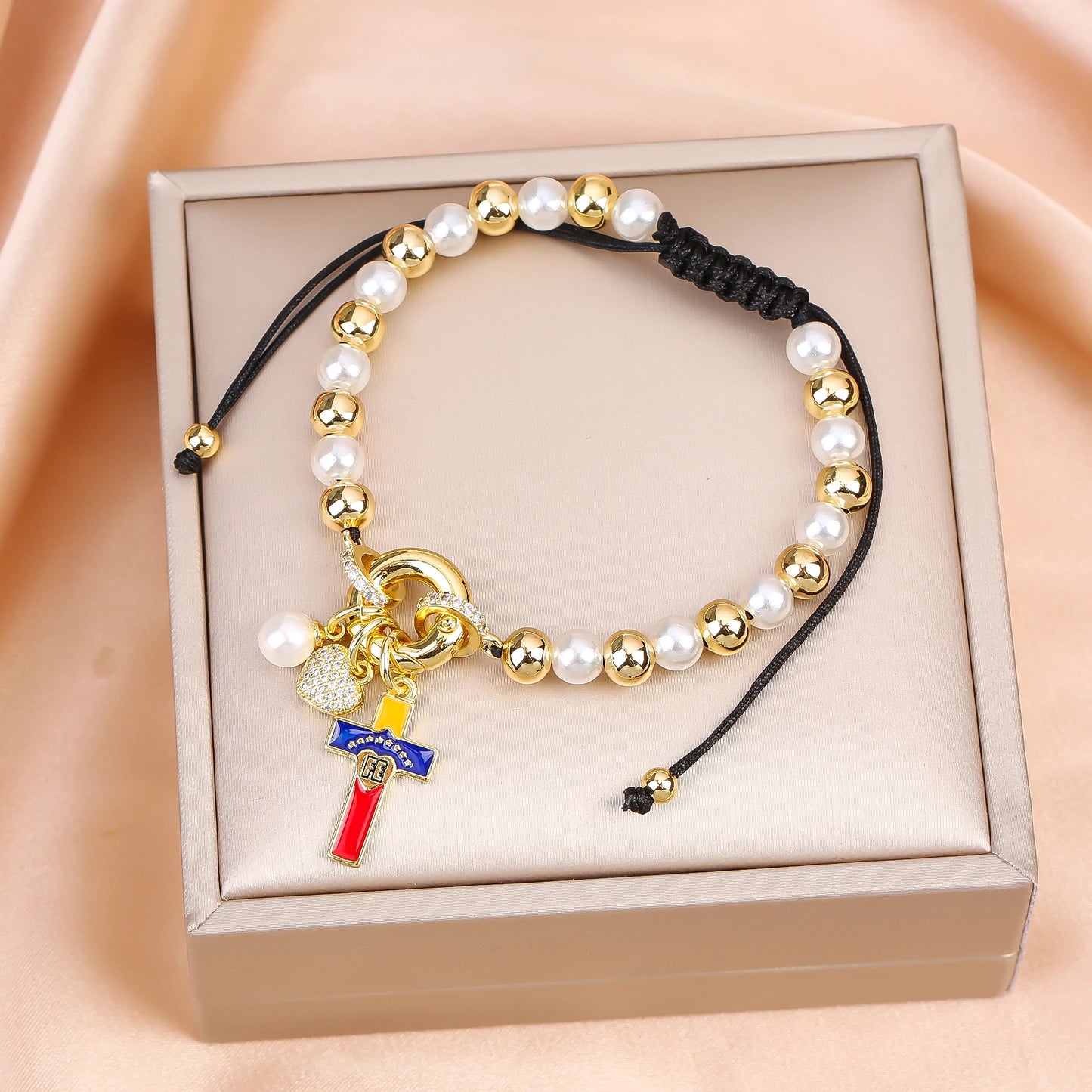 Hot Sale Venezuela Flag Cross Pearl Copper Beads Braided Adjustable Bracelet Classic for Man Woman Party Birthday Jewelry Gift