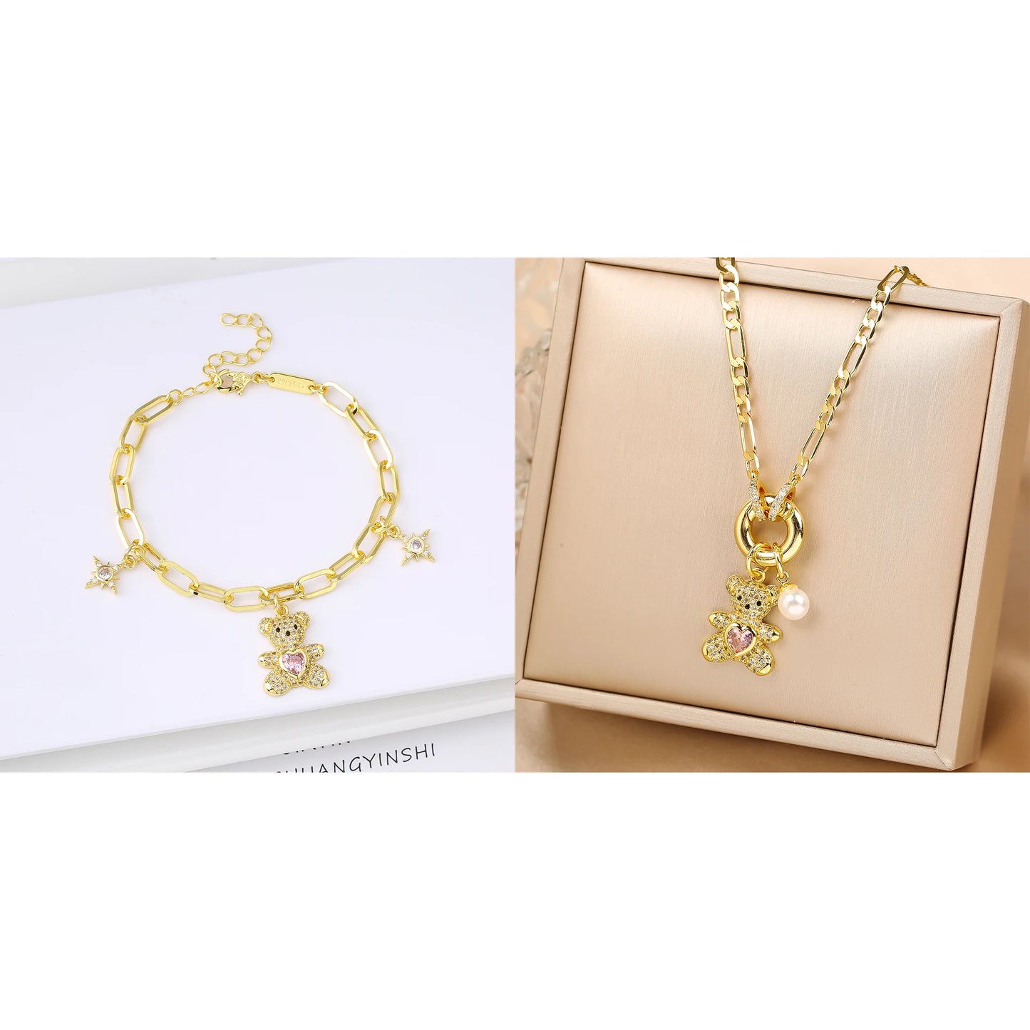 Hot Sale 2PCS Animal Bear Zirconia Bracelet Jewelry Necklace Set for Women Female Daily Party Crystal Jewelry Girl Gift