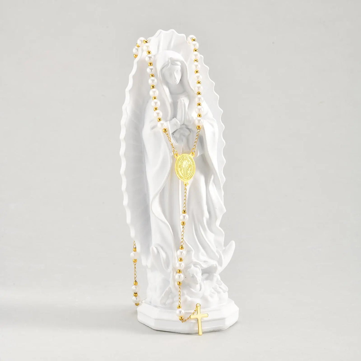 Imitation Pearl Beaded Chain Holy Virgin Mary Y-Shaped Necklace, Stainless Steel Cross Pendant Necklace,Religious Prayer Jewelry