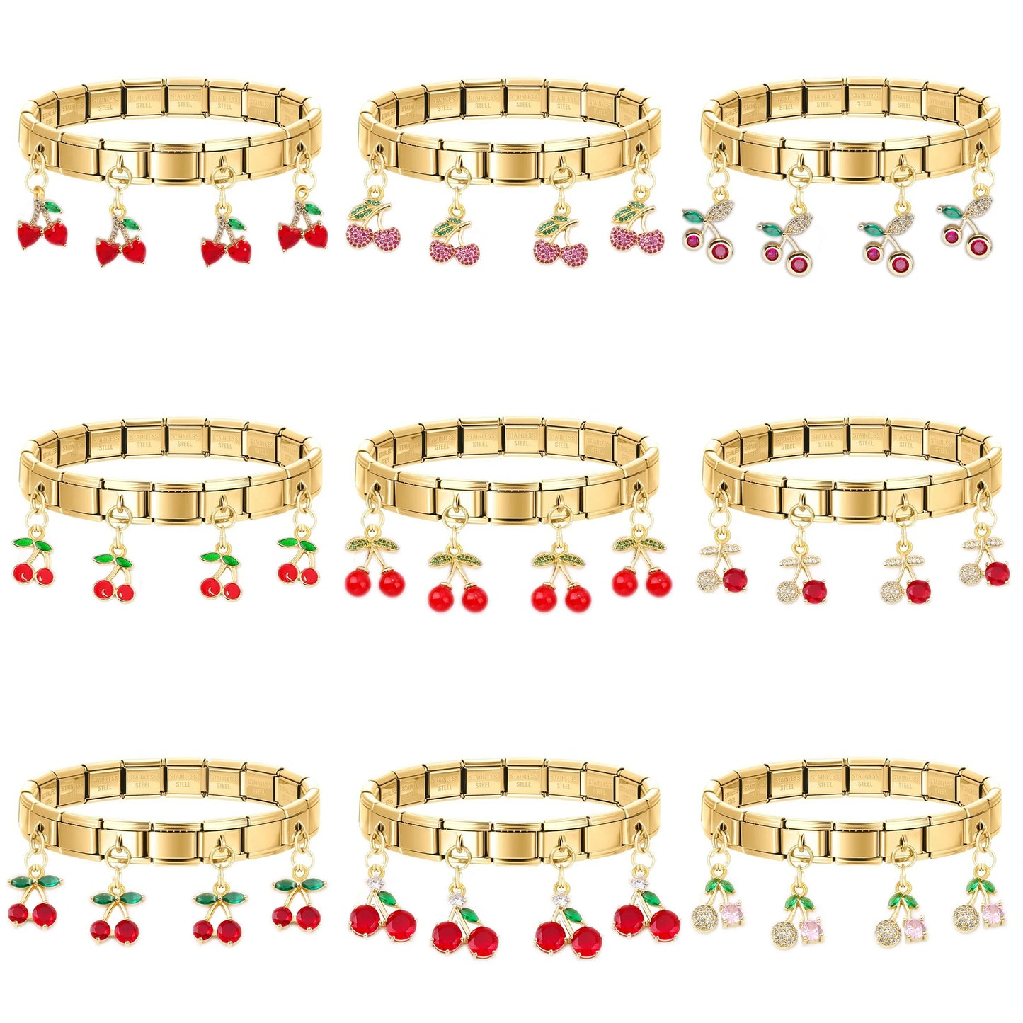 Geometric Square Stainless Steel Elastic Strap Bangle Bracelets for Women Strawberry Cherry Pendant Bracelets Hand Jewelry Gift