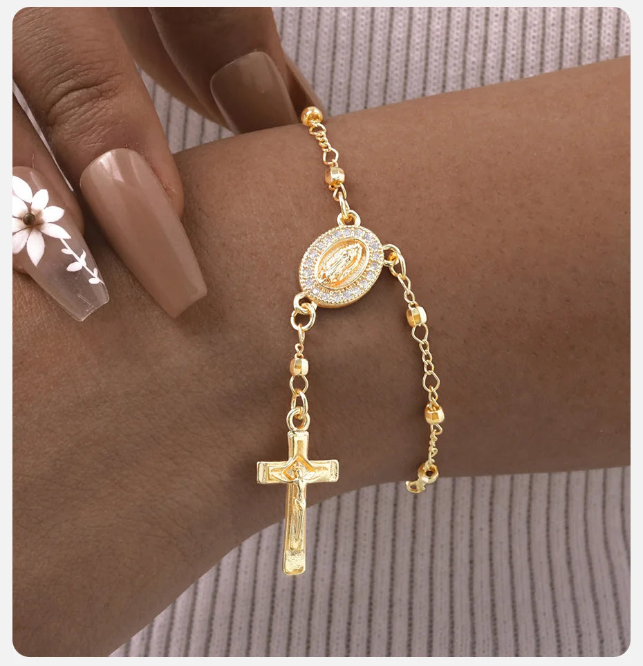 Vnox Virgin Mary Bracelets Necklaces For Women Men,Delicate Jesus Cross Pendent,Christian Catholic Hand Neck Jewelry Set Gifts