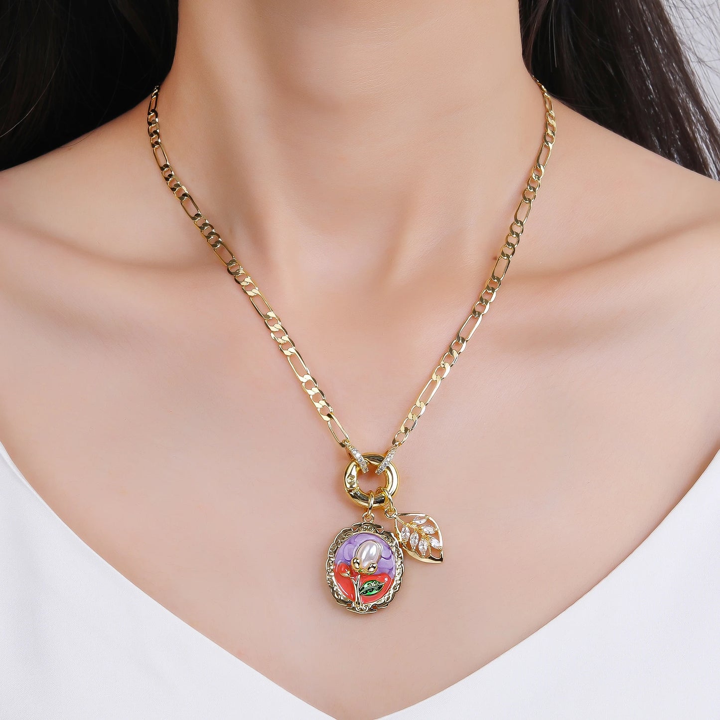 Hot Sale Metal Oil Drop Ocean Series Flower Pearl Leaf Pendant Necklace Charming For Woman Girl Casual Vacation Jewelry Gift