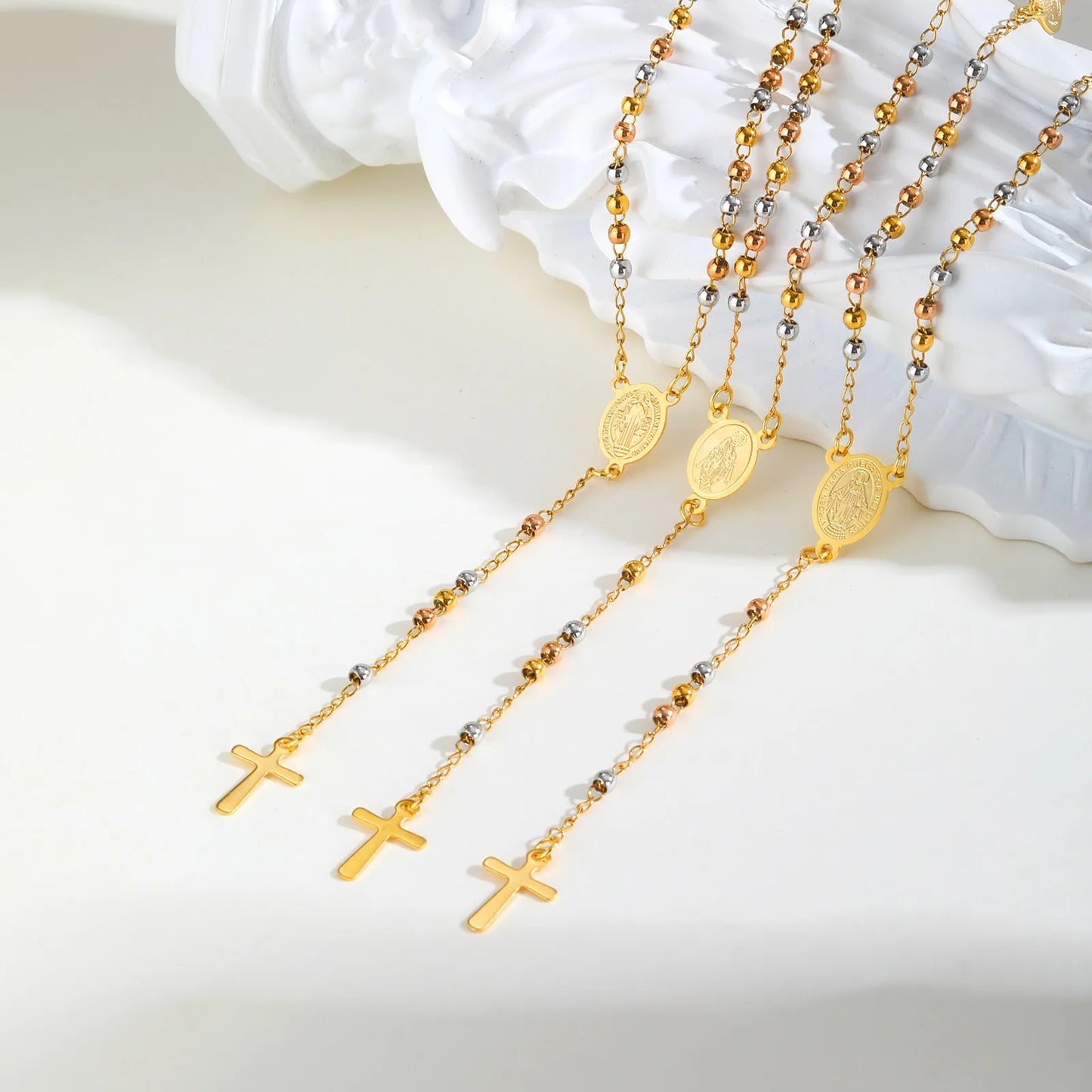 Tri-color Beaded Virgin Mary Y-shaped Necklace, Holy Spirit Cross Pendant Necklace for Women, Stainless Steel Religious Jewelry