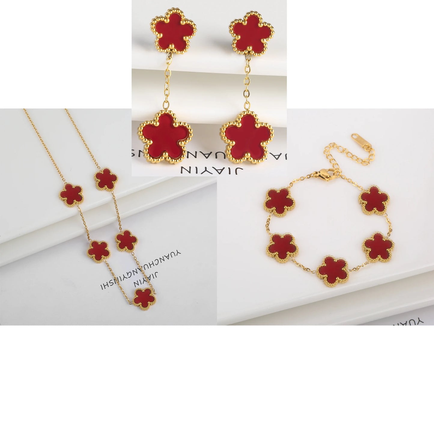 3Pcs Luxury Stainless Steel Five Leaf Flower Jewelry Set Bracelet Necklace Earrings Classic for Women Daily Party Jewelry Clover