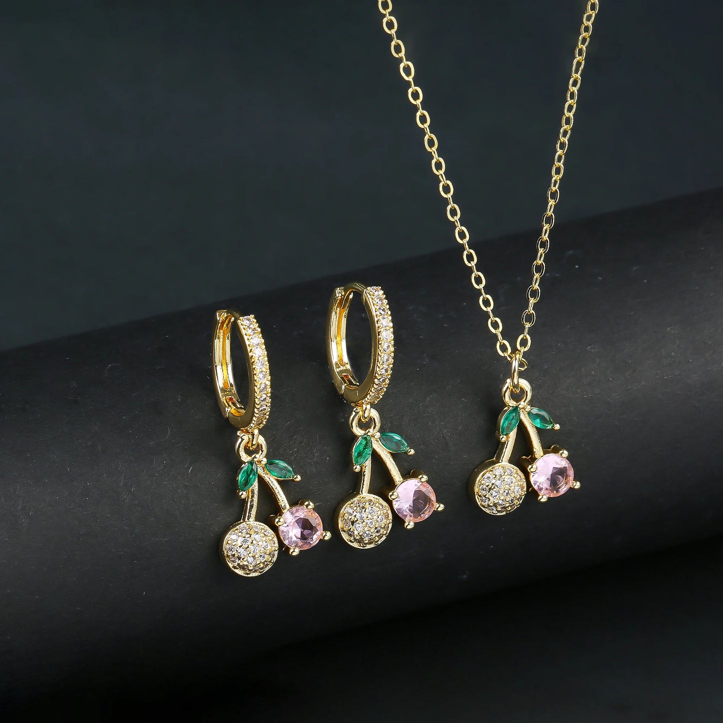 Light Luxury Crystal Zirconia Red Cherry Jewelry Set Earrings Necklace for Women Girls Sweet Jewelry Accessories Party Gifts
