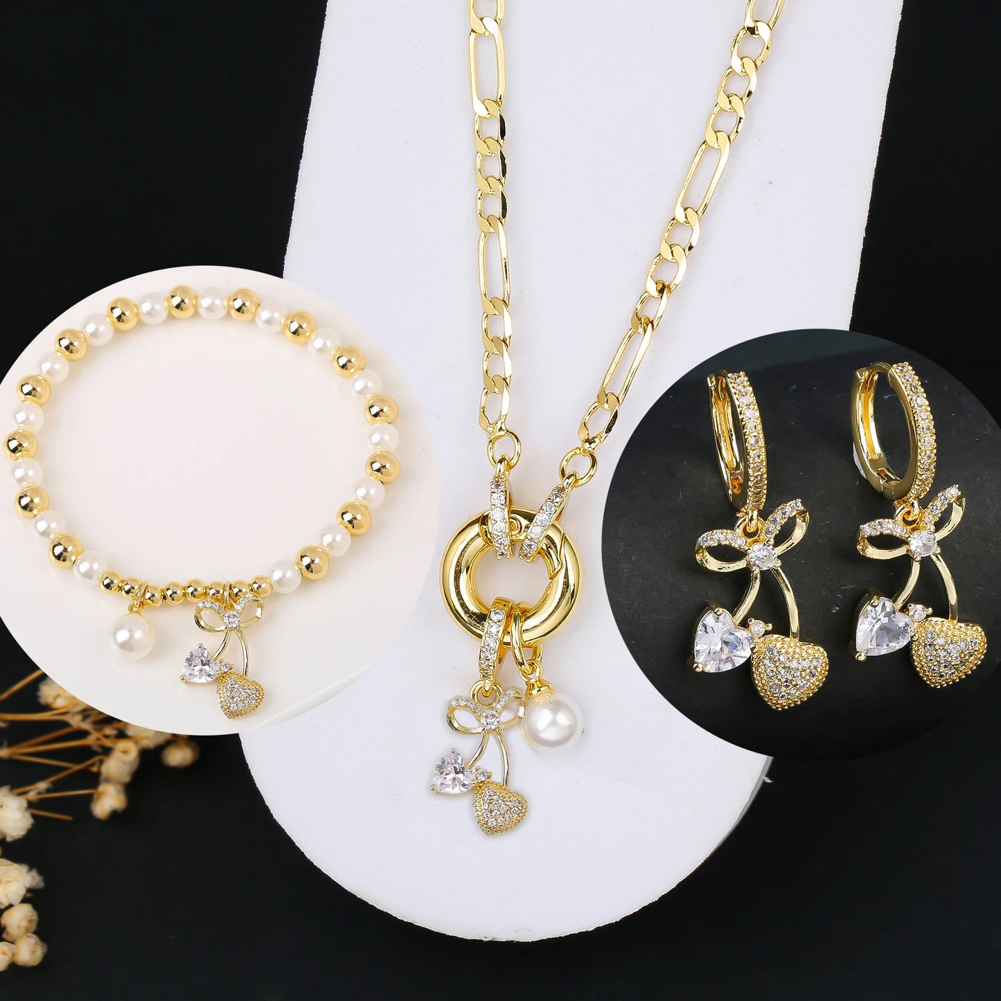 3pcs Hot Sale Shiny Zirconia Crystal Cherry Necklace Bracelet Earrings Jewelry Set Fashion for Woman Girl Wedding Lucky Jewelry