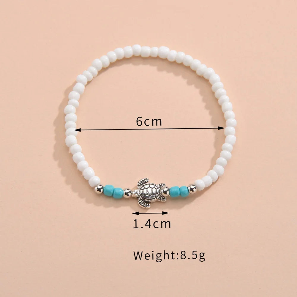 Cute Sea Turtle Rainbow Beaded Anklets For Women Elastic Rope Chains Adjustable Ankle Bracelet Beach Jewelry Summer Accessories
