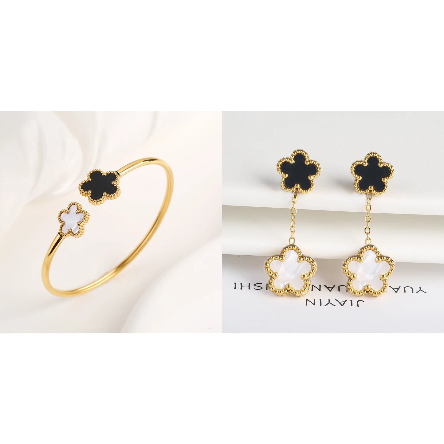 7 Color Bracelet Earrings Stainless Steel Five Leaf Flower Jewelry Set High Quality Woman Classic Daily Party Jewelry Clover New