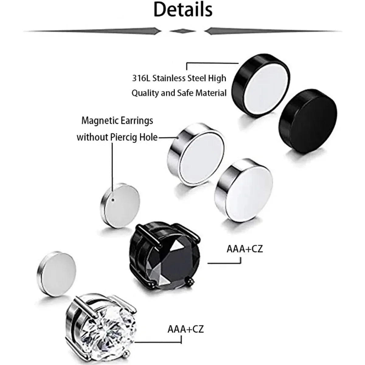 8/12pcs Fashion 316 Stainless Steel Ear Cip On Earrings,Hole Free Magnetic Ear Cuff Zircon False Earring Set Suitable Daily Wear