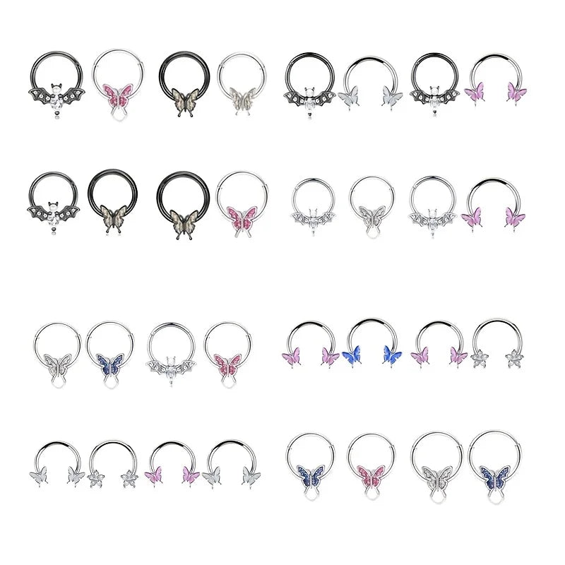 2Pcs 16G Stainless Steel Butterfly Hinged Septum Nose Ring Hoops,BCR Horseshoe Cartilage Daith Helix Rook Conch Piercing Jewelry