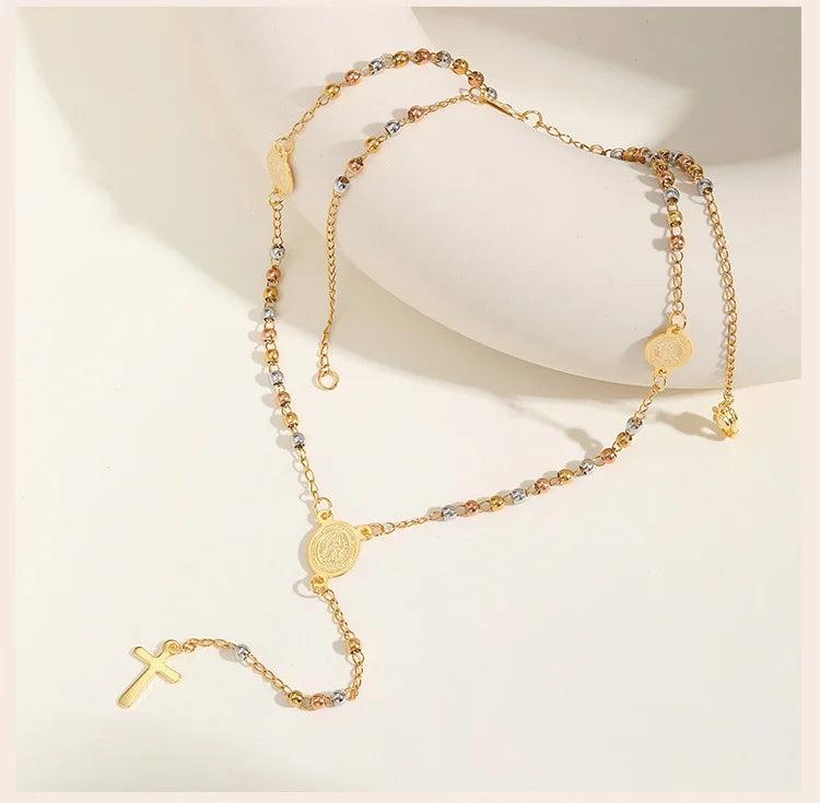 Beads Rosary Necklace Cross Pendant For Women,virgin Mary St Benedict Y Shape Drop Necklace, Protection Jewelry
