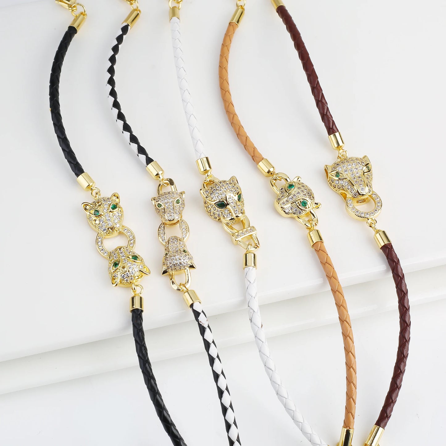 Adjustable Leather Rope Braided Zirconia Animal Leopard Head Bully Bracelet Fashion for Man Woman Party Jewelry Gift Daily Wear