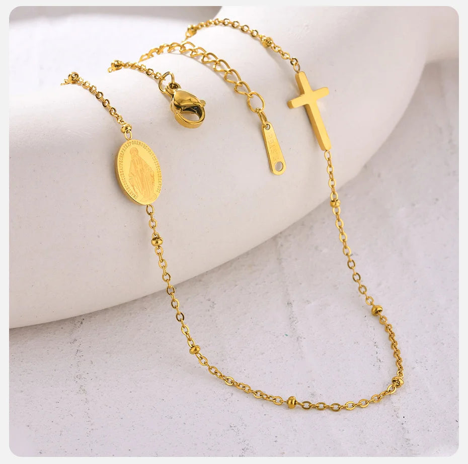 Vnox Dainty Sideway Cross Necklaces, Women's Virgin Mary Charm Collar, Adjustable Stainless Steel Jewelry