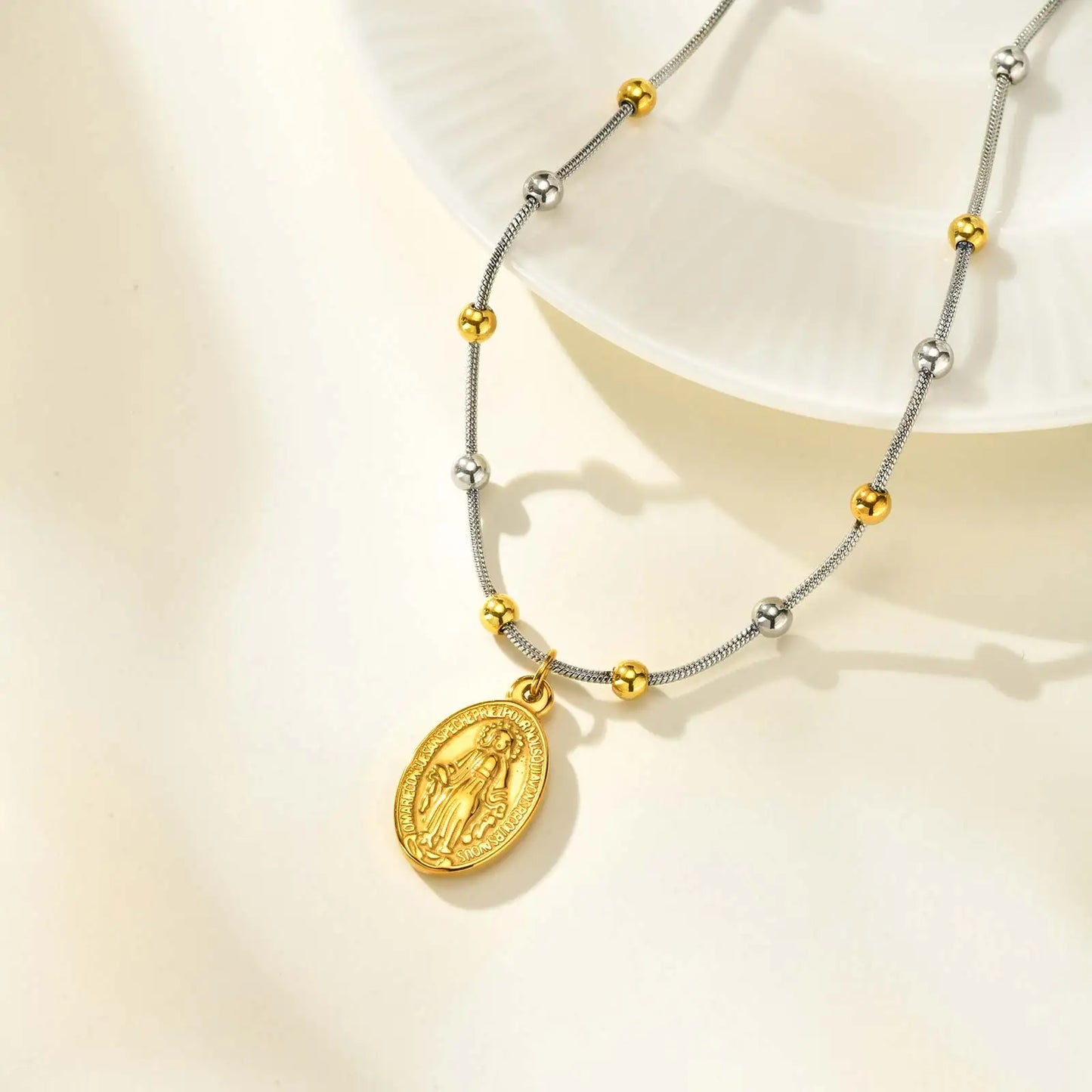 Holy Virgin Rosary Necklace for Women,Stainless Steel Bead Snake Chain Necklaces,Classic Religion Jewelry Gift