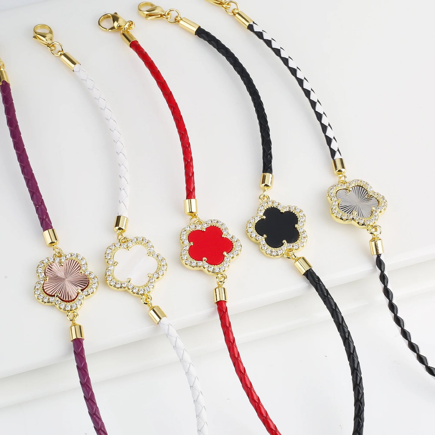 INS Hot Sale Shiny Zirconia Five-Leaf Flower Leather Adjustable Bracelet Classic Stone Plumeria Bracelet For Woman Jewelry Gift