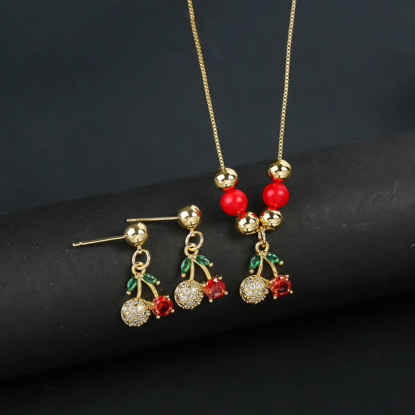 2pcs 22 Style Fashion Fruit Cherry Zircon Crystal Jewelry Set Earrings Necklace For Women Female New Trend Party Jewelry Gift