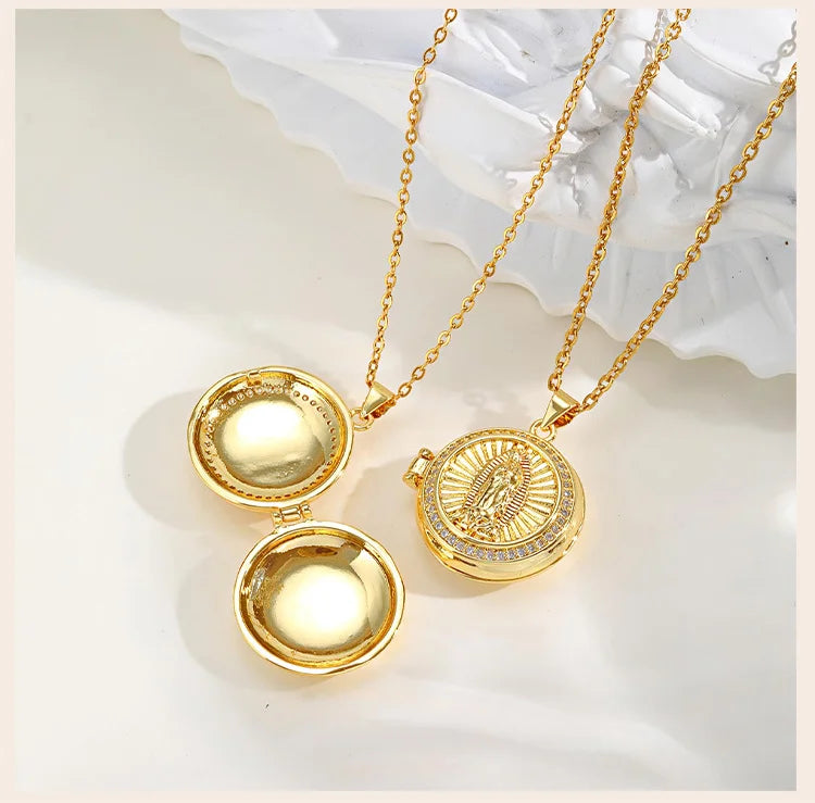 Round Zircon Virgin Mary Locked Pendant Necklace for Women, No Photo, Adjustable Link Jewelry