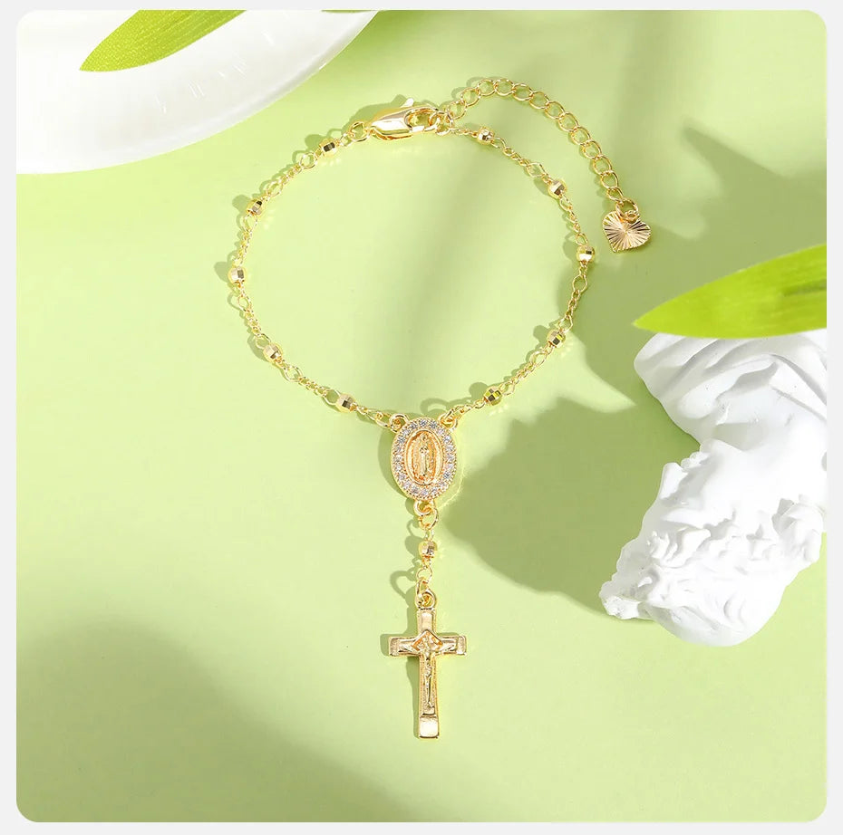 Vnox Virgin Mary Bracelets Necklaces For Women Men,Delicate Jesus Cross Pendent,Christian Catholic Hand Neck Jewelry Set Gifts