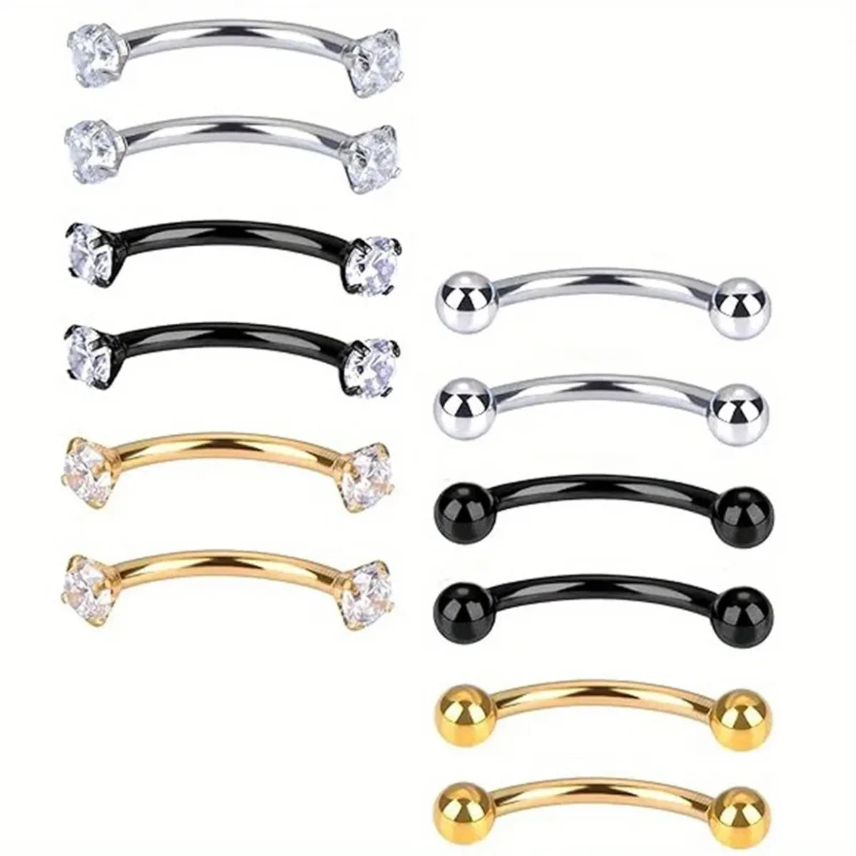 6Pcs Elegant Fashion 316 Stainless Steel Curved Barbell Eyebrow Ring,Inlaid Shiny Zircon Belly Lip Ring Body Piercing Jewelry