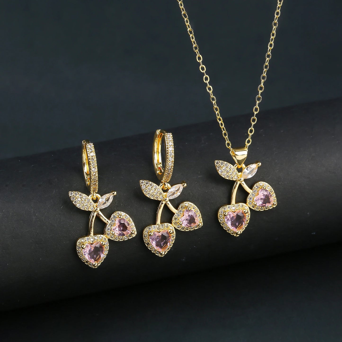 Light Luxury Crystal Zirconia Red Cherry Jewelry Set Earrings Necklace for Women Girls Sweet Jewelry Accessories Party Gifts