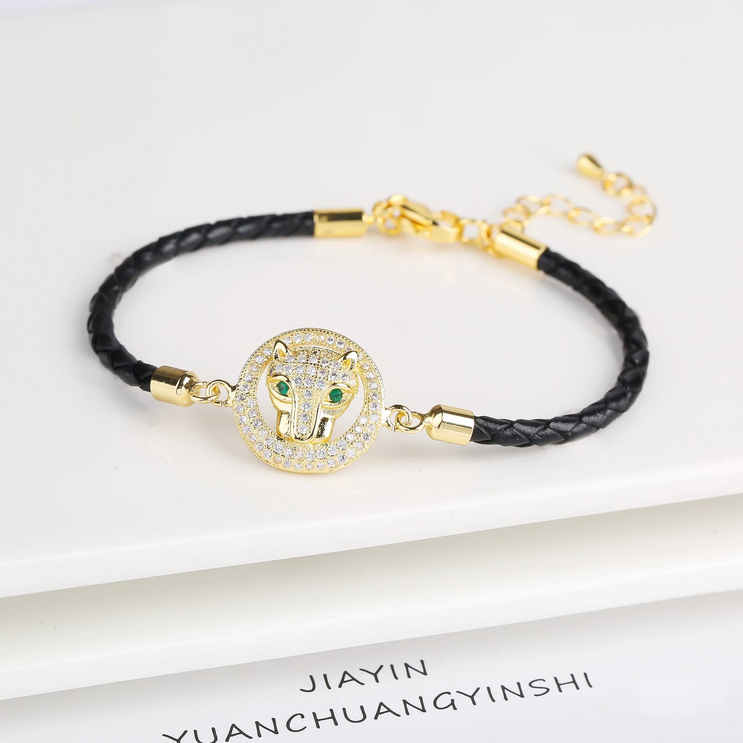 Adjustable Leather Rope Braided Zirconia Animal Leopard Head Bully Bracelet Fashion for Man Woman Party Jewelry Gift Daily Wear
