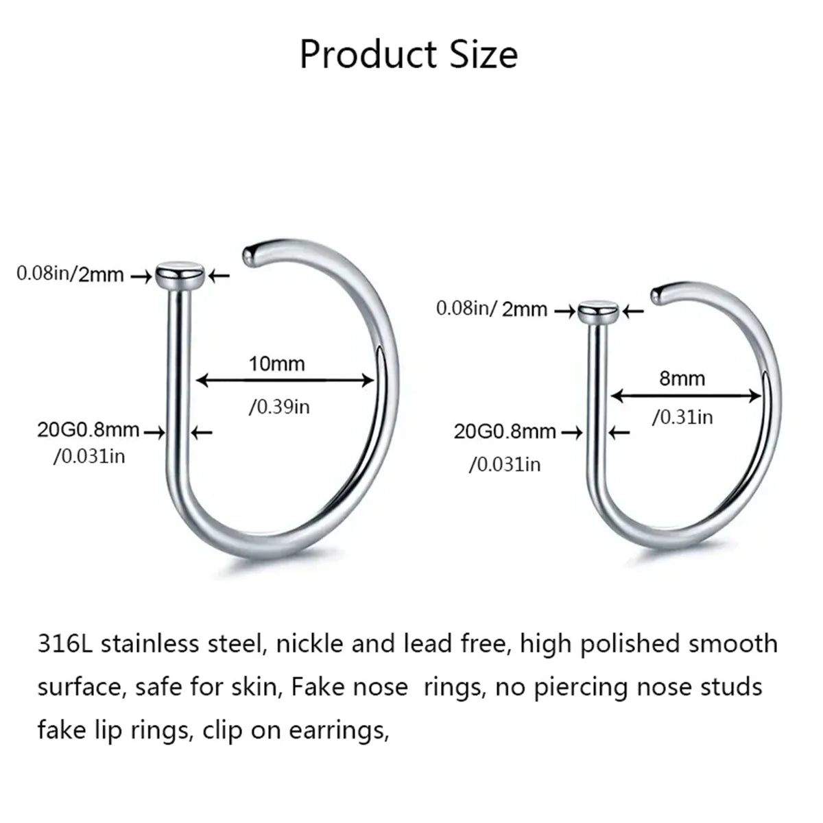 3-5Pcs Hypoallergenic 316L Stainless Steel Fake Piercing Nose Rings,D-Shape Septum Nose Ring Clip On Nose False Piercing Jewelry