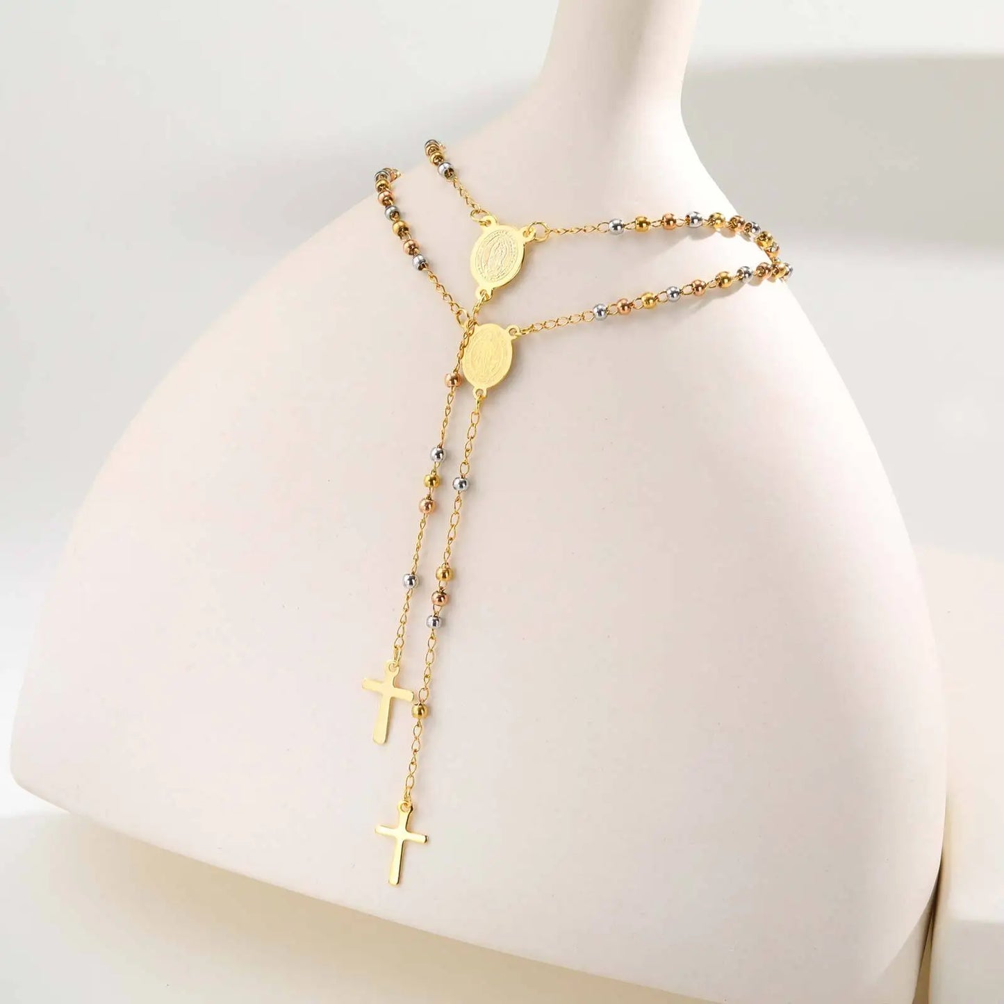 Stainless Steel St. Benedict's Rosary Necklace, Christian Cross Crucifix Pendant, Religious Necklace for Women, Catholic Jewelry