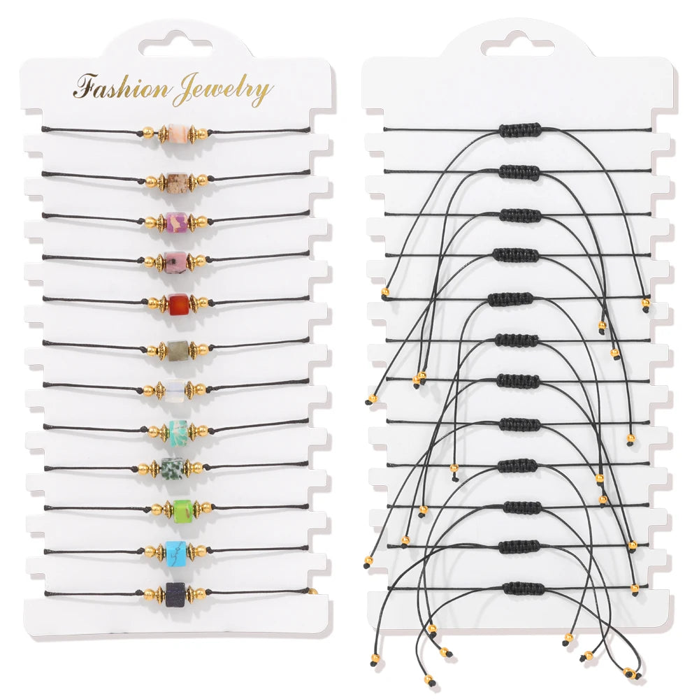 Wholesale 12Pcs/Set Colorful Natural Stone Bracelets Adjustable Rope Braided Bracelet Handmade Bohemia Bracelets with Cards