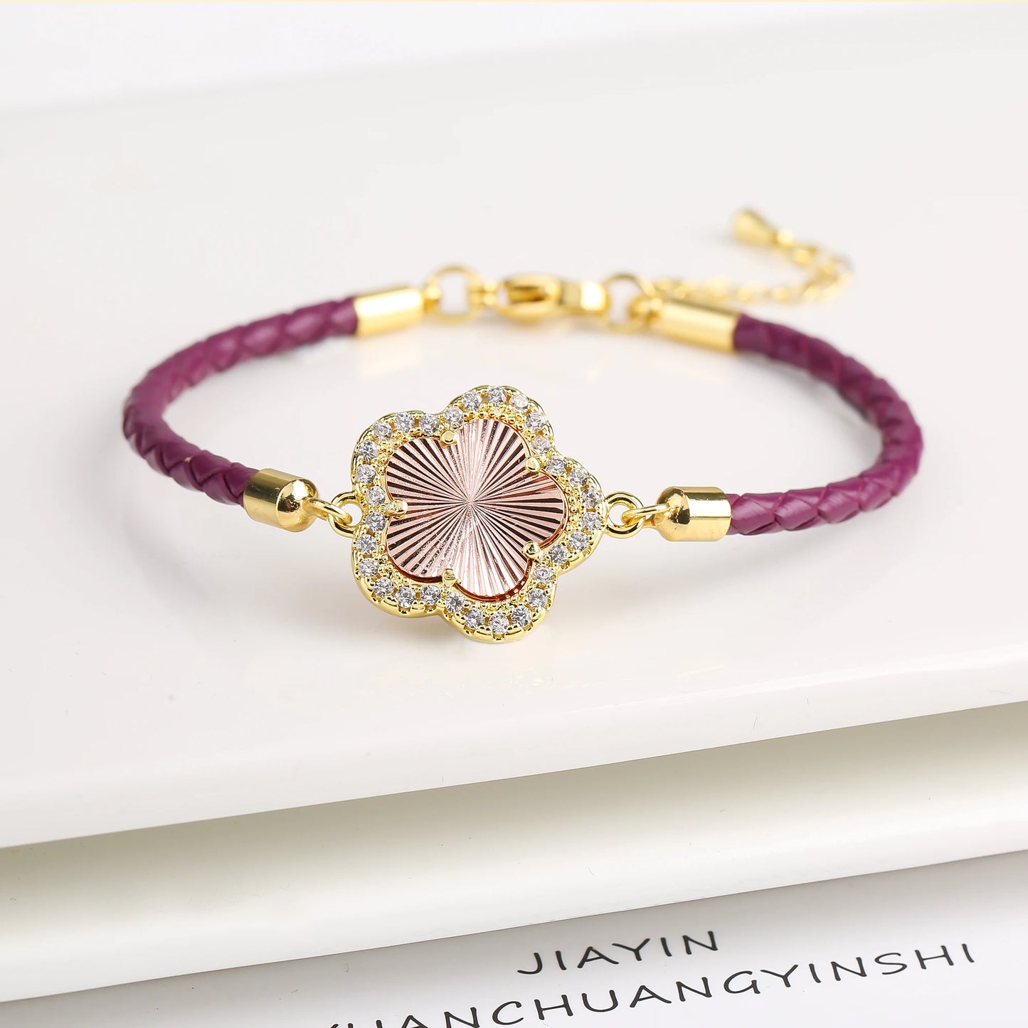 INS Hot Sale Shiny Zirconia Five-Leaf Flower Leather Adjustable Bracelet Classic Stone Plumeria Bracelet For Woman Jewelry Gift
