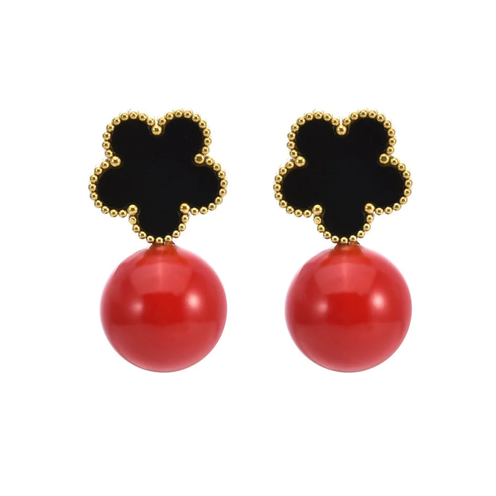 Hot Sale Stainless Steel Five Leaf Flower Pearl Drop Earrings Classic For Woman Clover Jewelry High Quality Party Wedding Gift
