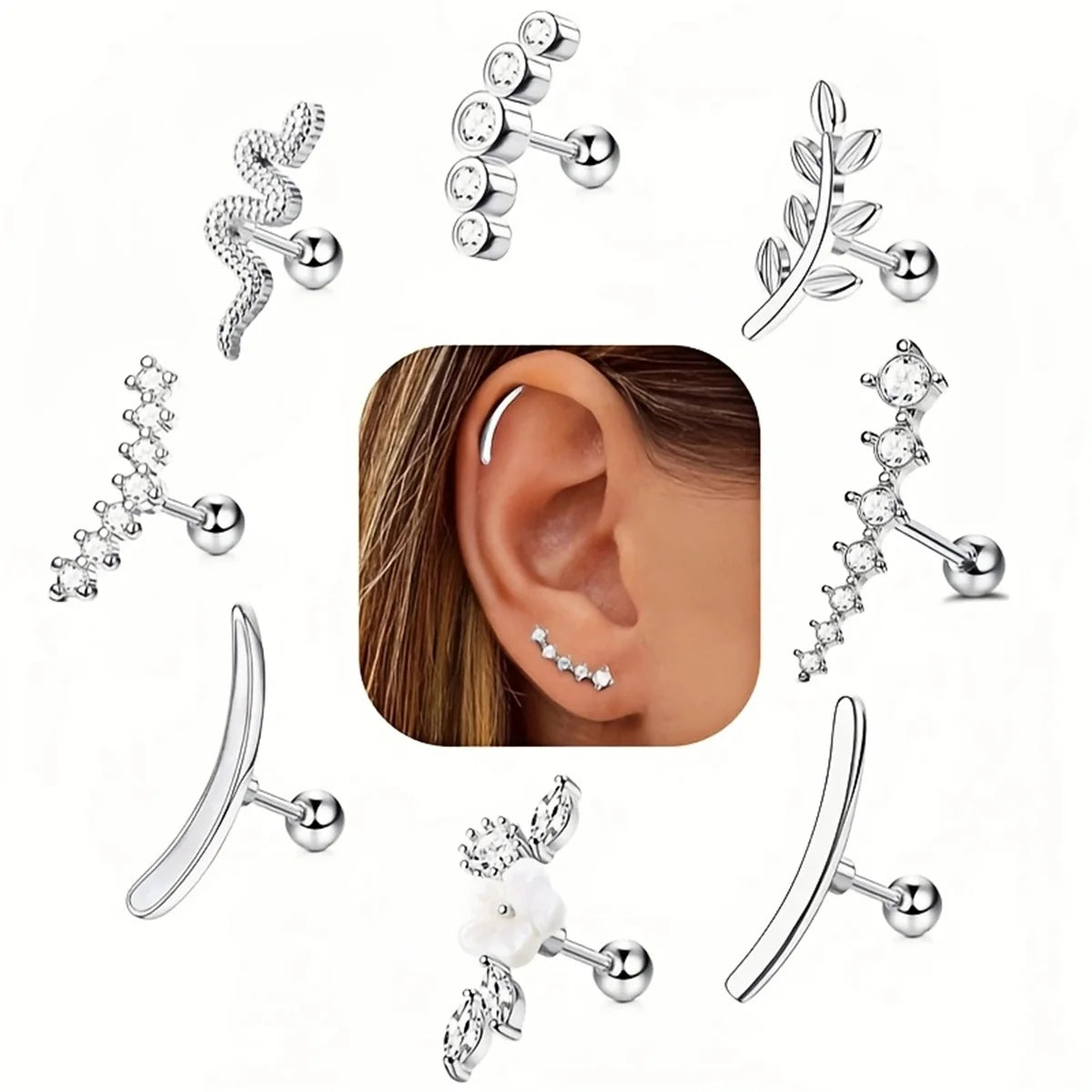 1/4/6/8Pcs 16G Stainless Steel Screw Back Stud Earrings for Women,Cubic Zerconia Cartilage Conch Helix Ear Piercing Jewelry