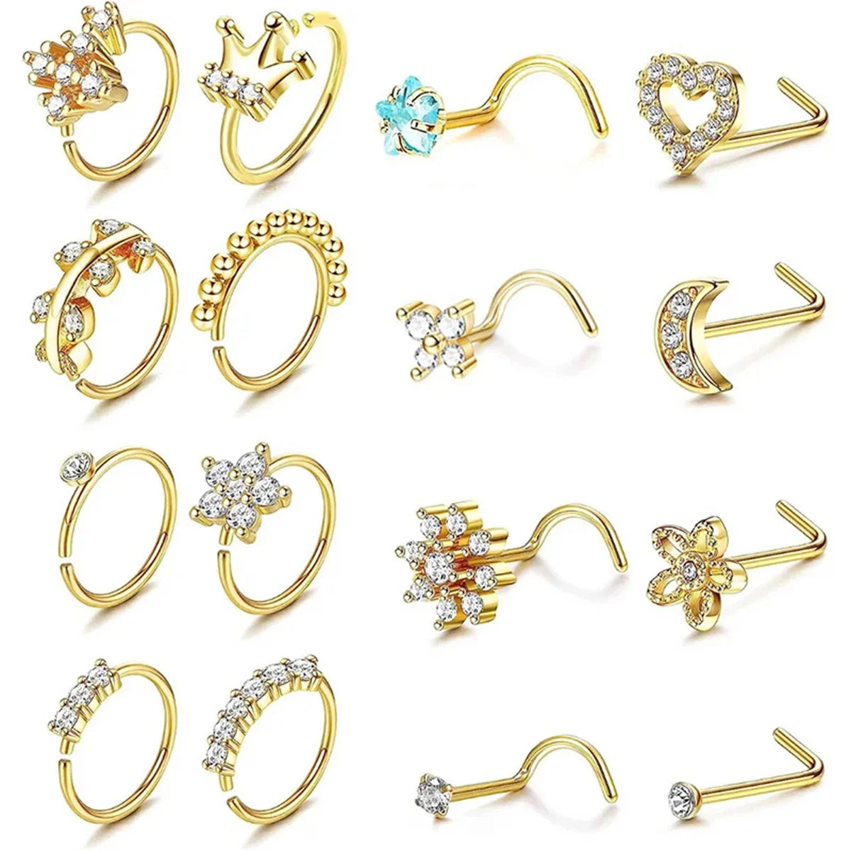 16 Pcs 20G 316 Stainless Steel Hypoallergenic Nose Studs Set