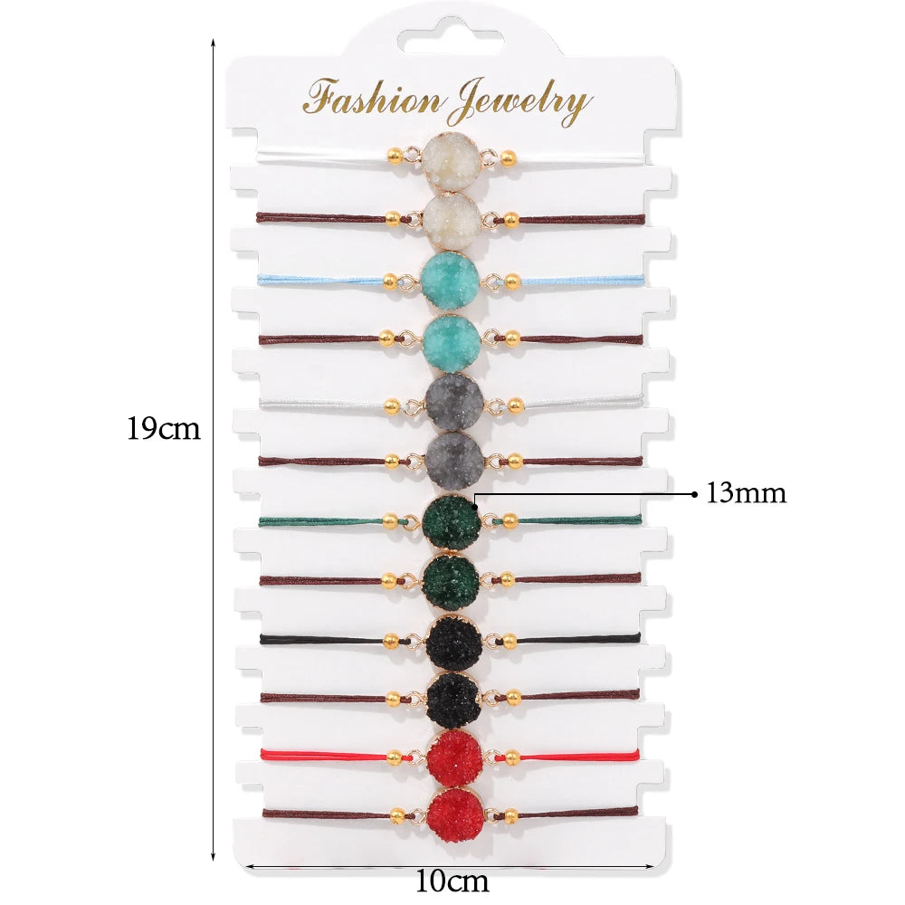Wholesale 12Pcs/Set Colorful Natural Stone Bracelets Adjustable Rope Braided Bracelet Handmade Bohemia Bracelets with Cards