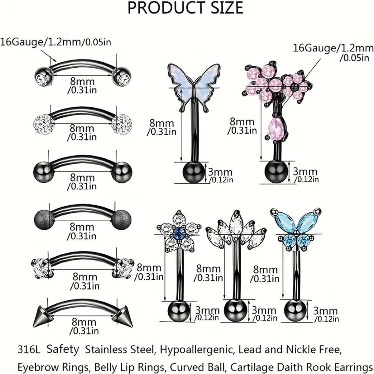 11Pcs 16G Colorful Butterfly Shape Curved Barbell Eyebrow Ring, Belly Lip Ring Inlaid Shiny Zircon Bling Bling Piercing Jewelry