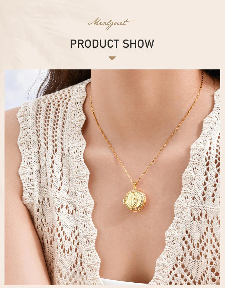 Round Zircon Virgin Mary Locked Pendant Necklace for Women, No Photo, Adjustable Link Jewelry