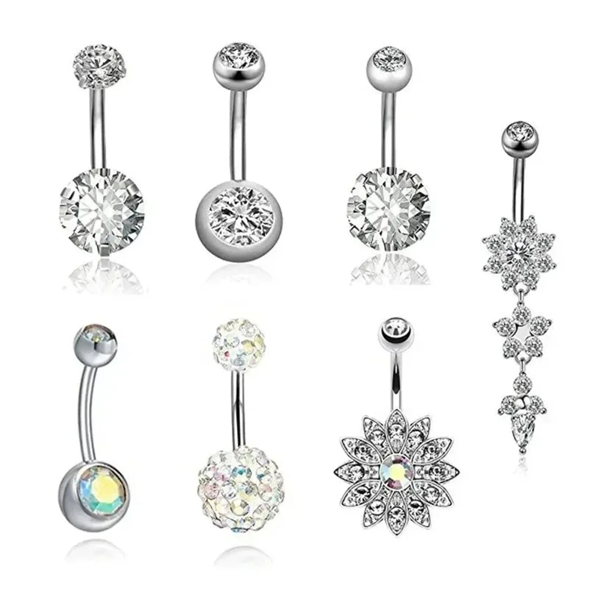 7Pcs Stainless Steel Zircon Navel Ring Set Gift,Vacation Beach Beach Jewelry