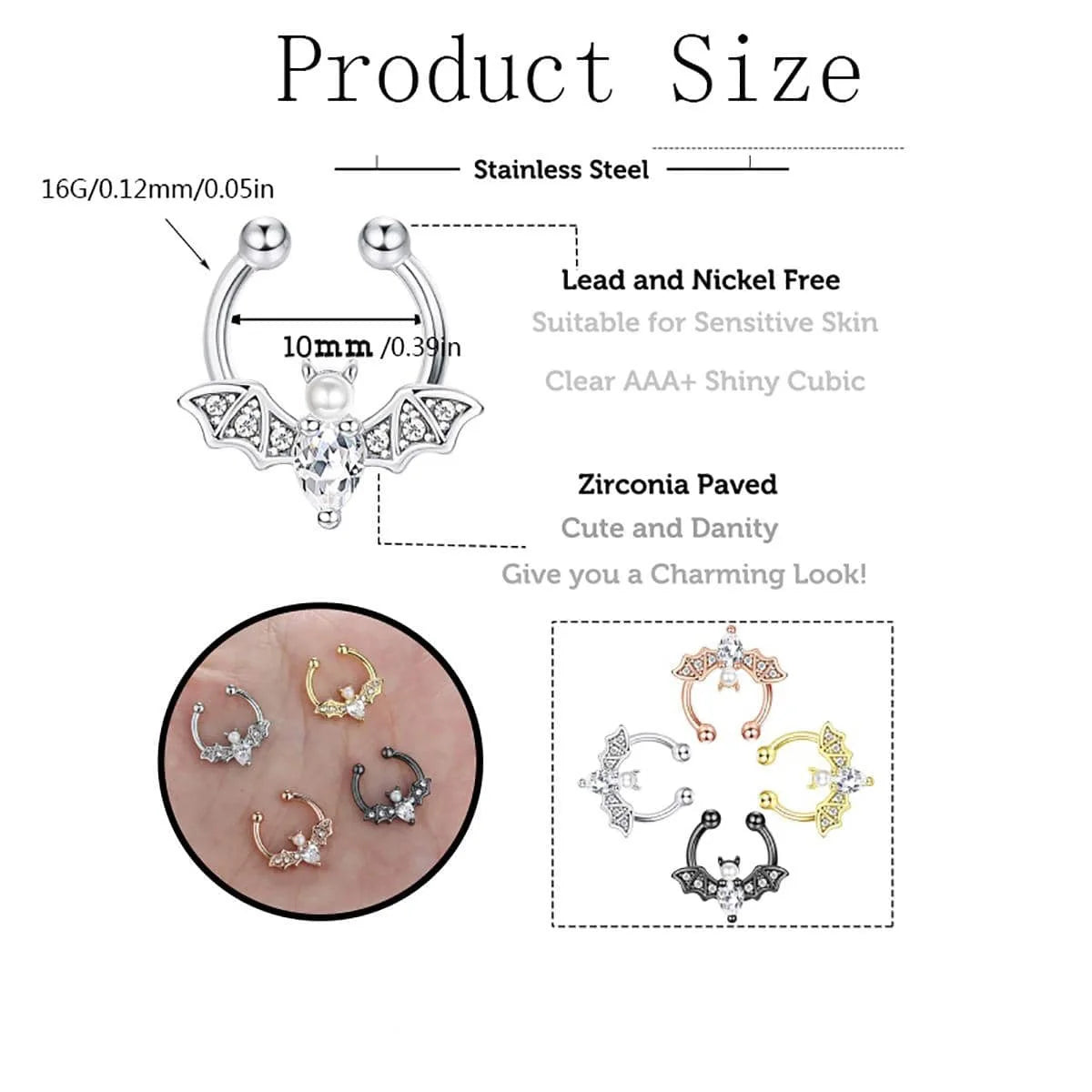 1Pc Fashion Cute Halloween Bat Fake Septum Nose Rings, Clip On Pearl Bat Septum Rings Cubic Zirconia Non Piercing Septum Jewelry