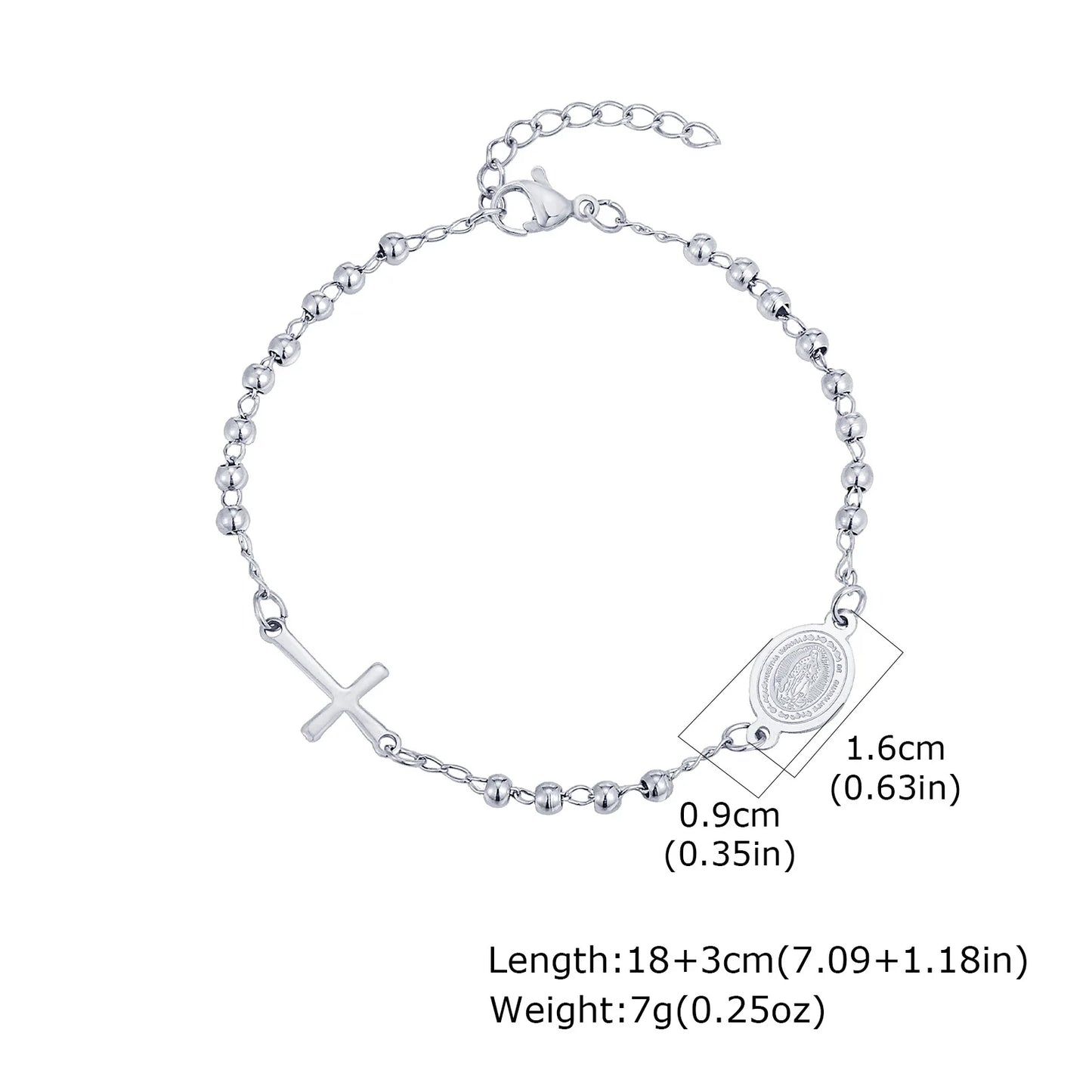 Vnox Stainless Steel Beaded Virgin Mary Bracelet,Charm Rosary Cross Chain Bracelet For Women,Religion Christ Three Color Jewelry