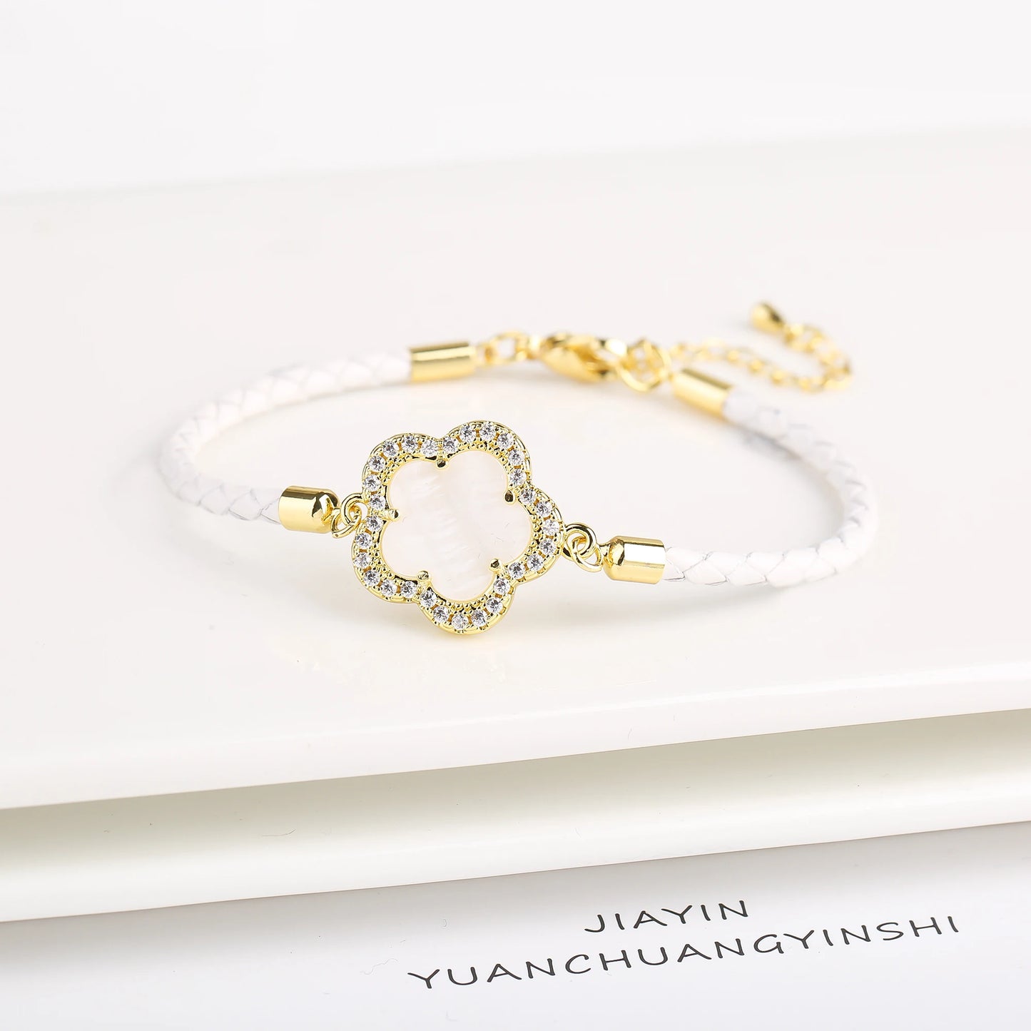 INS Hot Sale Shiny Zirconia Five-Leaf Flower Leather Adjustable Bracelet Classic Stone Plumeria Bracelet For Woman Jewelry Gift