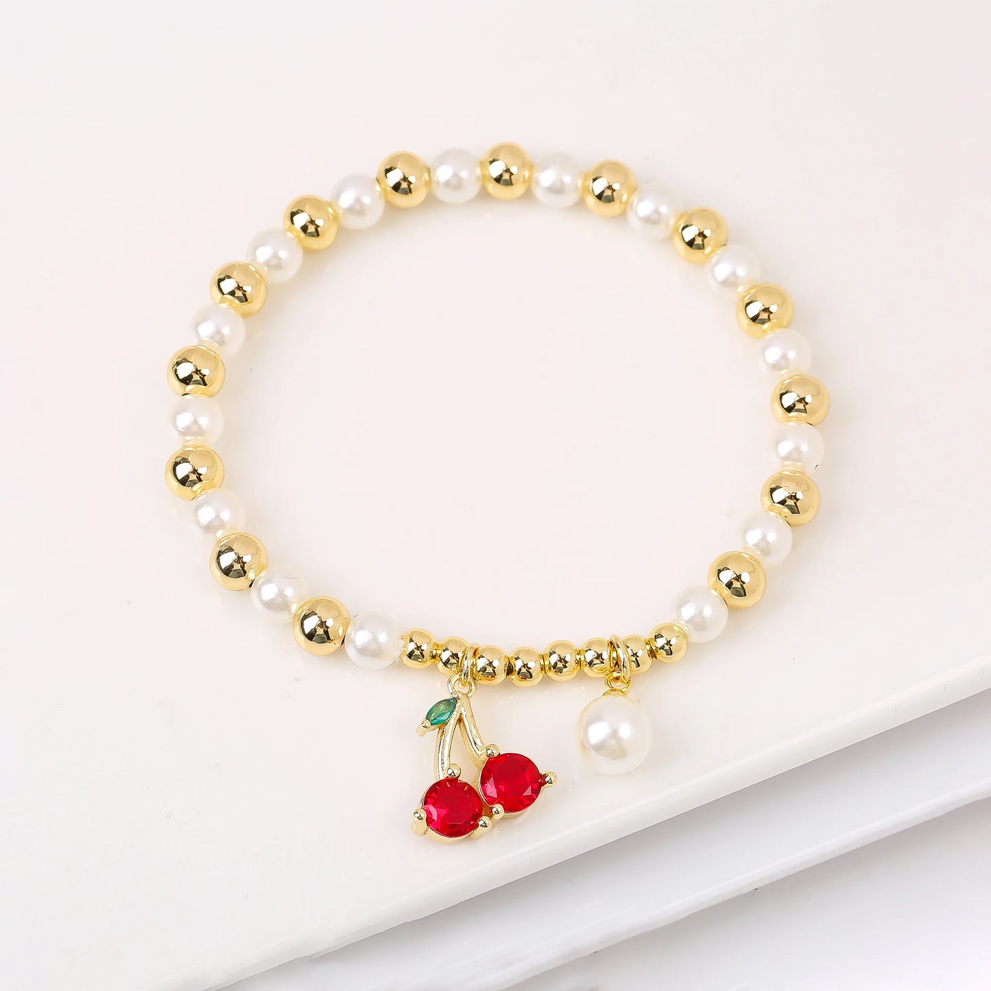 Trendy Crystal Cherry Shape Heart Copper Beads Chain Pearls Bracelet For Women 15 Styles Choice Daily Versatile Jewelry Gift
