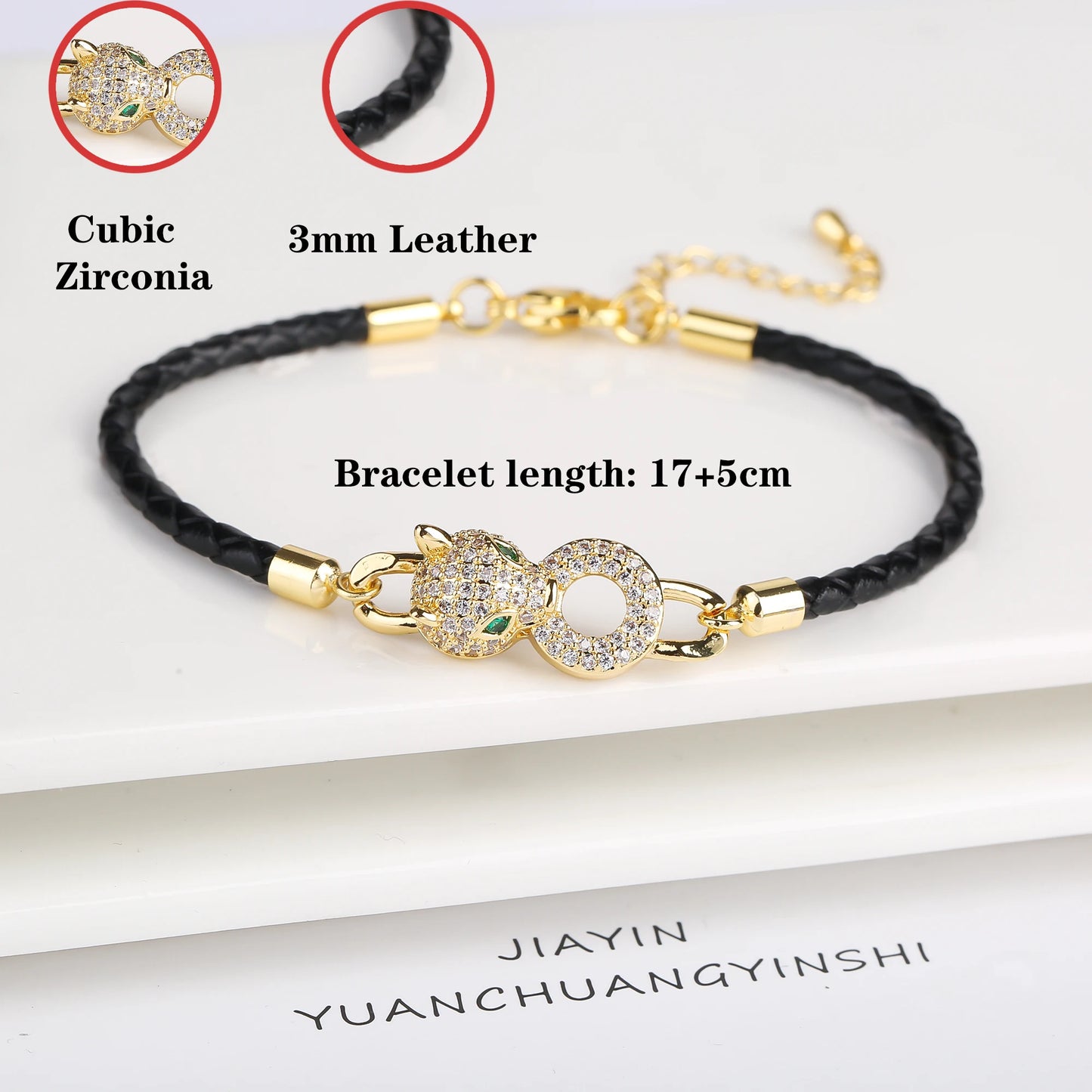 High Quality Shiny Zirconia Animal Leopard Head Adjustable Bracelet Fashion Leather Rope Charm Bracelet Bully Man Woman Jewelry