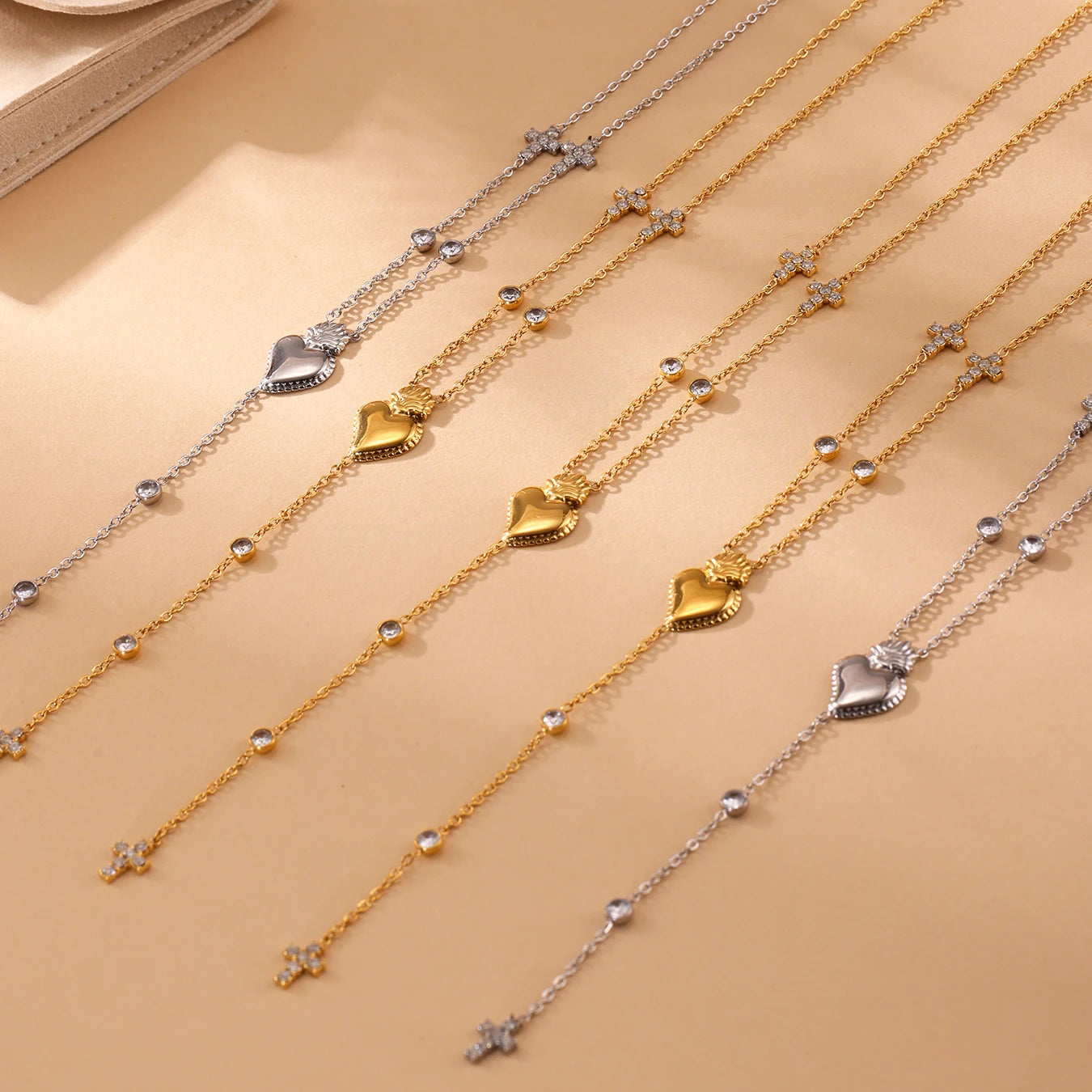 Elegant Stainless Steel Women Necklace Long Cross Pendant Round Zircon Chain Waterproof Luxury Charm Jewelry