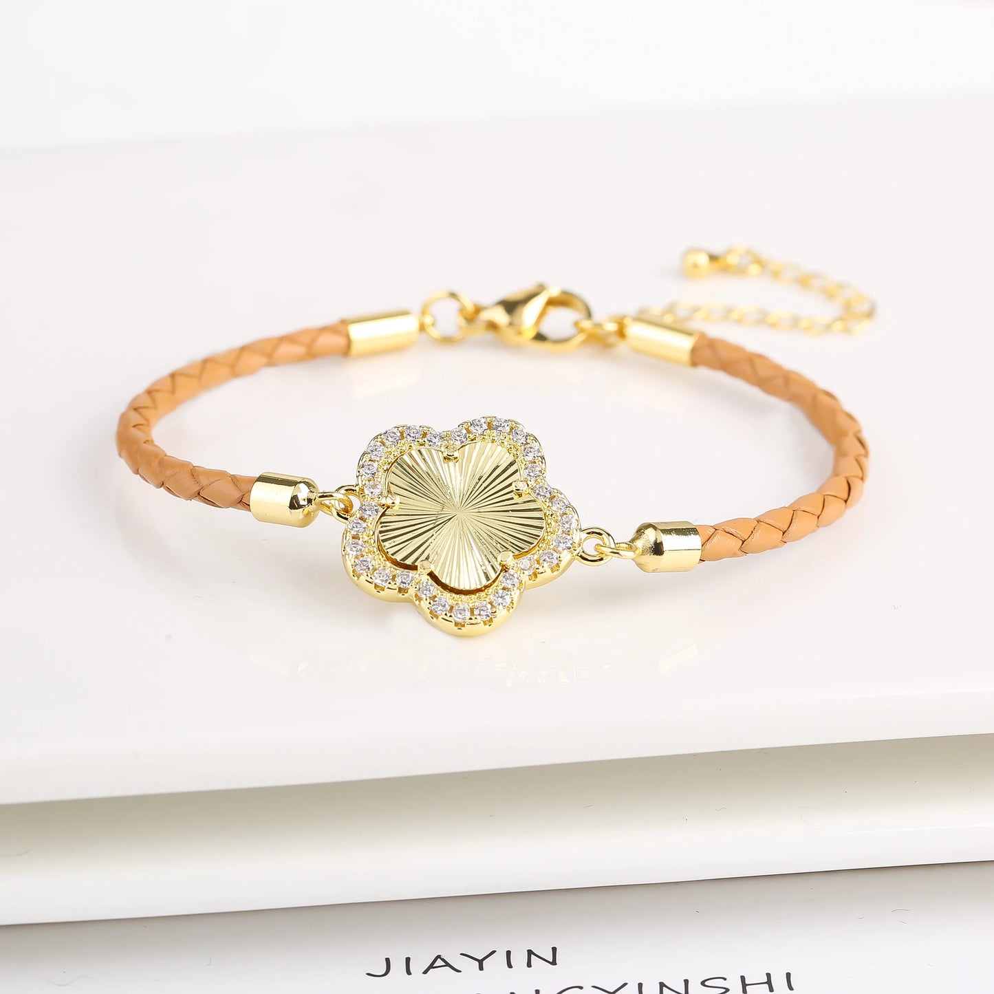 INS Hot Sale Shiny Zirconia Five-Leaf Flower Leather Adjustable Bracelet Classic Stone Plumeria Bracelet For Woman Jewelry Gift