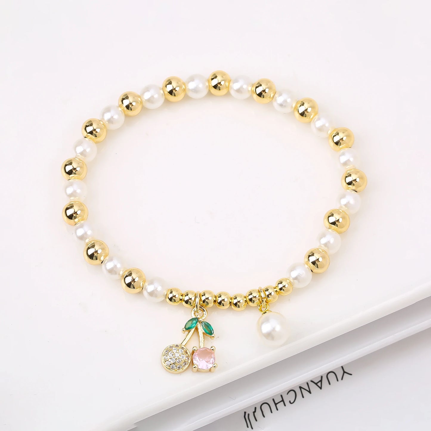 Trendy Crystal Cherry Shape Heart Copper Beads Chain Pearls Bracelet For Women 15 Styles Choice Daily Versatile Jewelry Gift